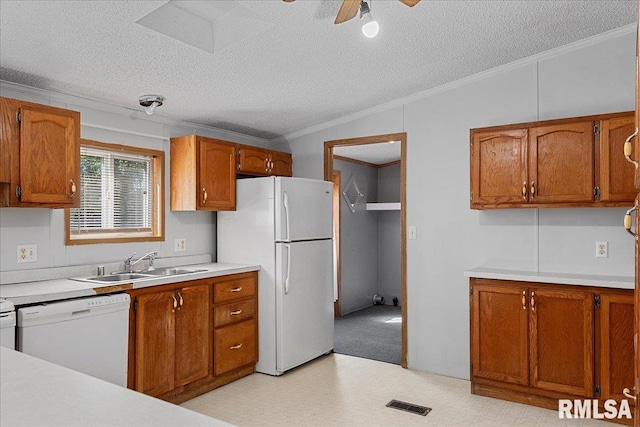 913 Springfield St, Kincaid, IL 62540 - kitchen featuring white appliances, a textured ceiling, ornamental molding, a ceiling fan, and brown cabinets