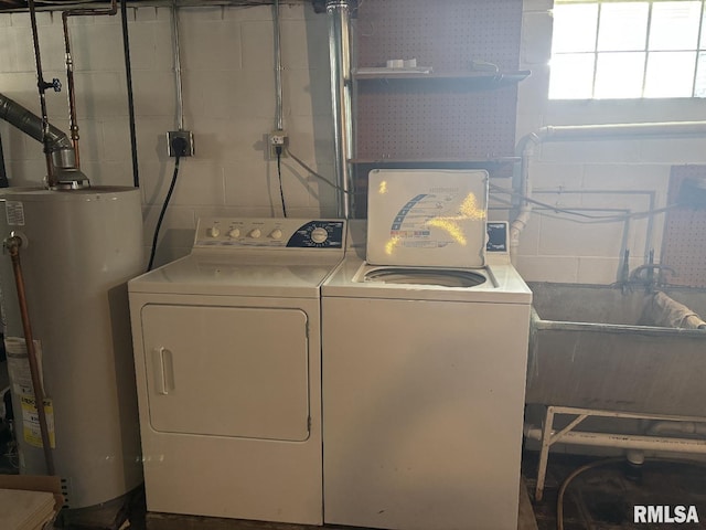 2308 S Whittier Ave, Springfield, IL 62704 - laundry area featuring water heater, washer and dryer, concrete block wall, and wallpapered walls