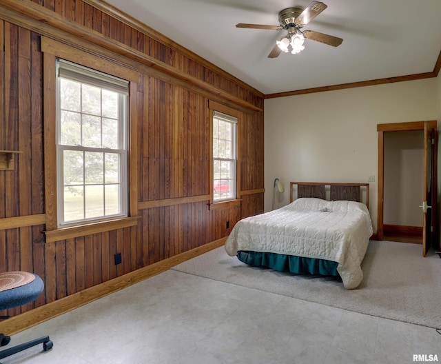 1784 N 2700th Ave, Loraine, IL 62349 - bedroom featuring wood walls, ornamental molding, tile patterned floors, and a ceiling fan
