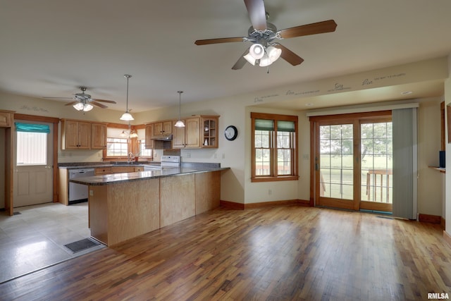 1784 N 2700th Ave, Loraine, IL 62349 - kitchen featuring white range with electric cooktop, stainless steel dishwasher, a peninsula, ceiling fan, and dark countertops