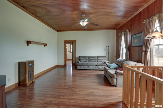 1784 N 2700th Ave, Loraine, IL 62349 - living room with ornamental molding, a ceiling fan, wooden ceiling, wood finished floors, and wood walls