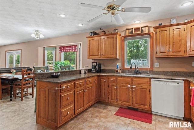 1420 Weston Pointe Dr, Springfield, IL 62704 - kitchen with dishwasher, brown cabinets, a peninsula, a ceiling fan, and recessed lighting