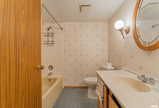 913 N Flora Dr, Mount Pulaski, IL 62548 - bathroom with bathtub / shower combination, wallpapered walls, and vanity