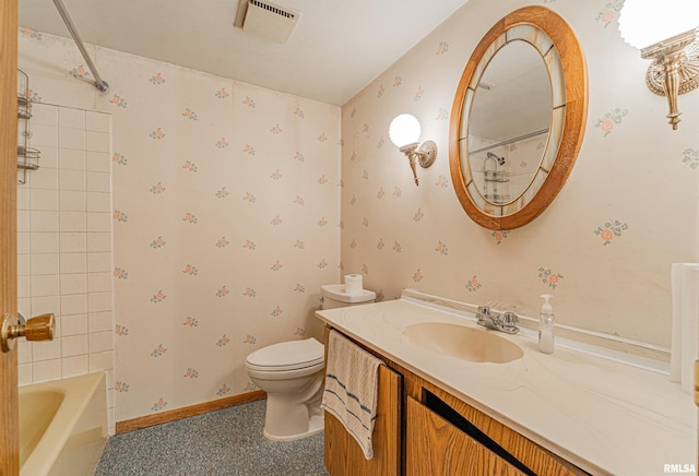 913 N Flora Dr, Mount Pulaski, IL 62548 - full bathroom with vanity, wallpapered walls, and shower / bathtub combination