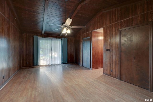 1220 Springdale S Dr, Quincy, IL 62305 - unfurnished room with wooden walls, wood ceiling, light wood-style flooring, and a ceiling fan