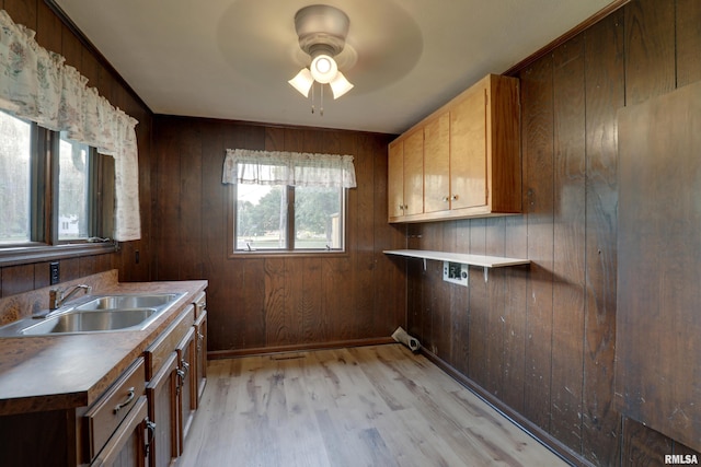 1220 Springdale S Dr, Quincy, IL 62305 - laundry room with ceiling fan, light wood-type flooring, and wooden walls