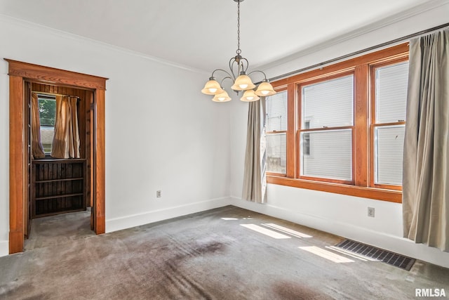 417 E Keys Ave, Springfield, IL 62702 - spare room featuring carpet floors, a chandelier, and ornamental molding