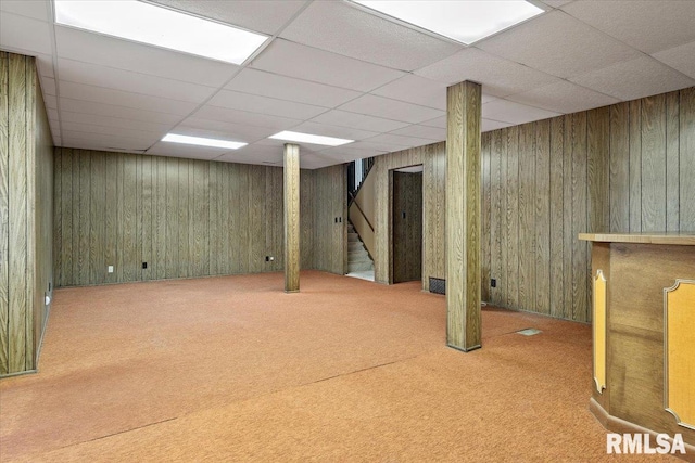 5016 Kinsinger Ln, Pleasant Plains, IL 62677 - finished basement featuring carpet floors, stairway, a paneled ceiling, and wooden walls