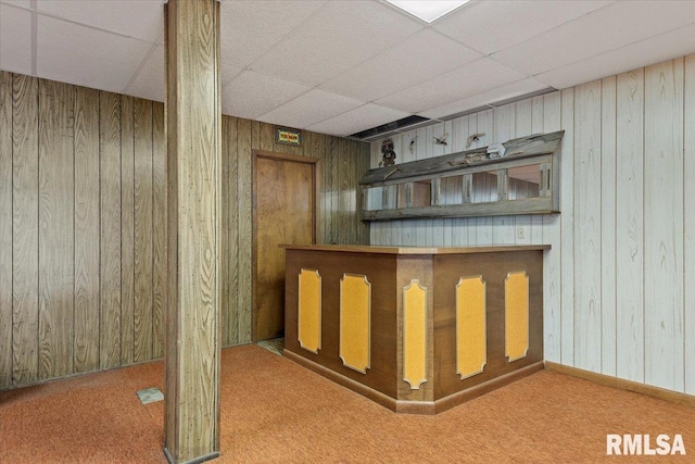 5016 Kinsinger Ln, Pleasant Plains, IL 62677 - bar area with wooden walls, a drop ceiling, and carpet flooring
