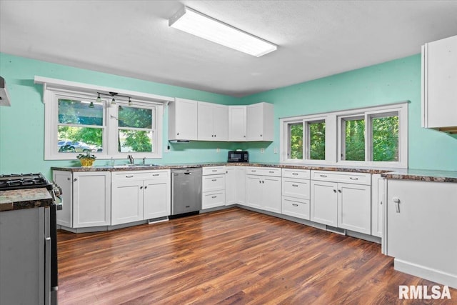 7971 Mechanicsburg Rd, Springfield, IL 62707 - kitchen with stainless steel appliances, dark wood finished floors, white cabinets, and healthy amount of natural light