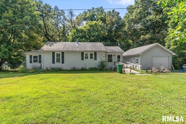 7971 Mechanicsburg Rd, Springfield, IL 62707 - ranch-style house featuring a garage, a front lawn, and an outdoor structure