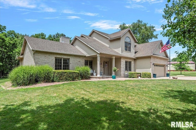 345 Country Towne Rd, Springfield, IL 62712 - view of front facade with covered porch, a shingled roof, a front lawn, brick siding, and a garage