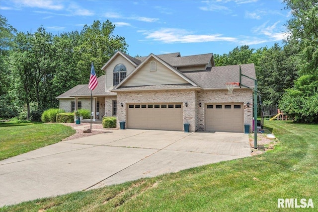 345 Country Towne Rd, Springfield, IL 62712 - traditional home with a front lawn, brick siding, driveway, a garage, and a playground