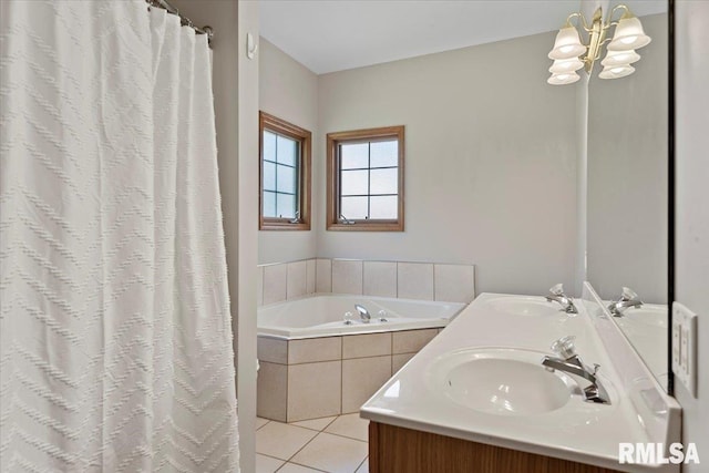 345 Country Towne Rd, Springfield, IL 62712 - full bath featuring a bath, tile patterned floors, double vanity, a chandelier, and curtained shower