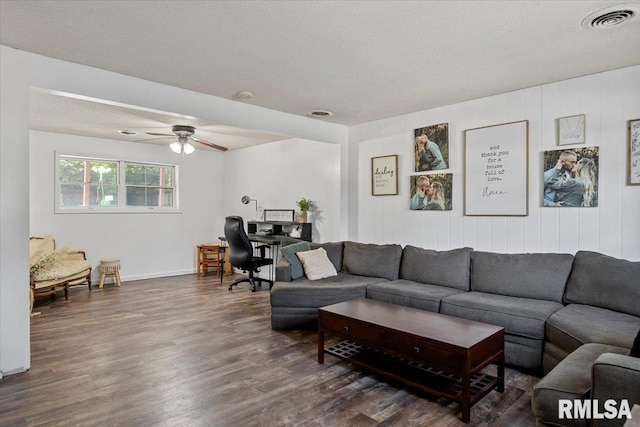 84 Chukar Dr, Chatham, IL 62629 - living room featuring dark wood finished floors, ceiling fan, an office area, and a textured ceiling