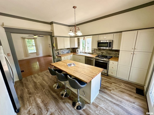 231 N Webster Ave, Jacksonville, IL 62650 - kitchen with stainless steel appliances, butcher block counters, decorative backsplash, healthy amount of natural light, and crown molding