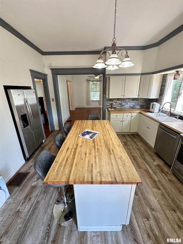 231 N Webster Ave, Jacksonville, IL 62650 - kitchen featuring butcher block countertops, appliances with stainless steel finishes, dark wood-type flooring, plenty of natural light, and crown molding
