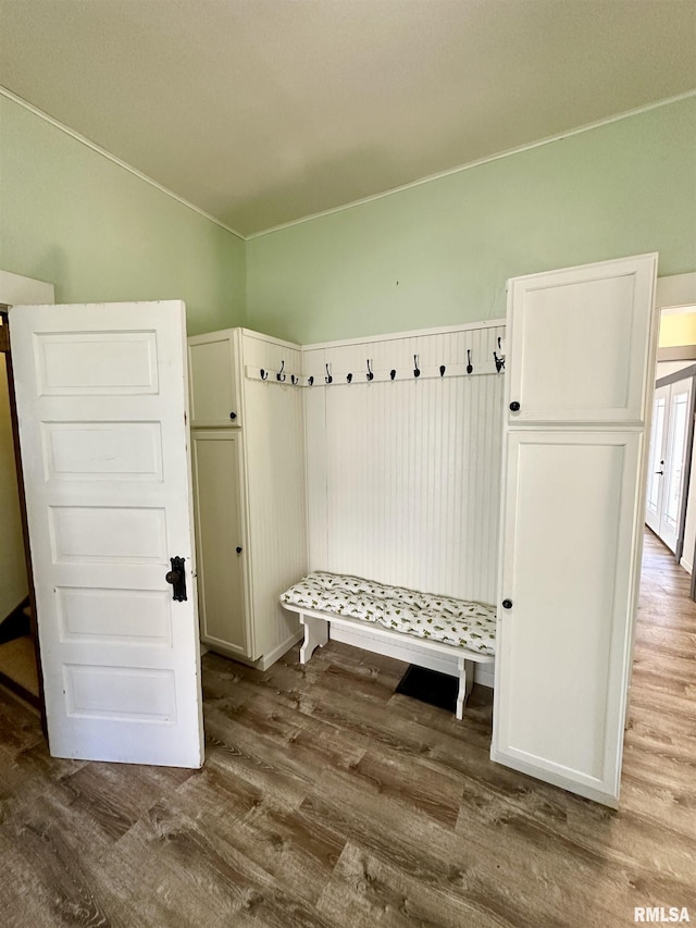 231 N Webster Ave, Jacksonville, IL 62650 - mudroom featuring wood finished floors and vaulted ceiling