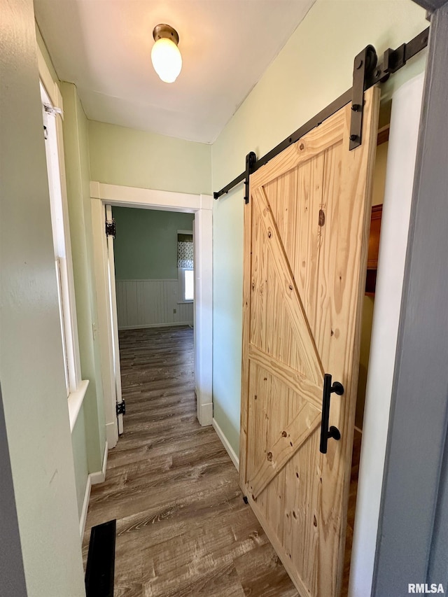 231 N Webster Ave, Jacksonville, IL 62650 - corridor with a barn door, dark wood-type flooring, and wainscoting