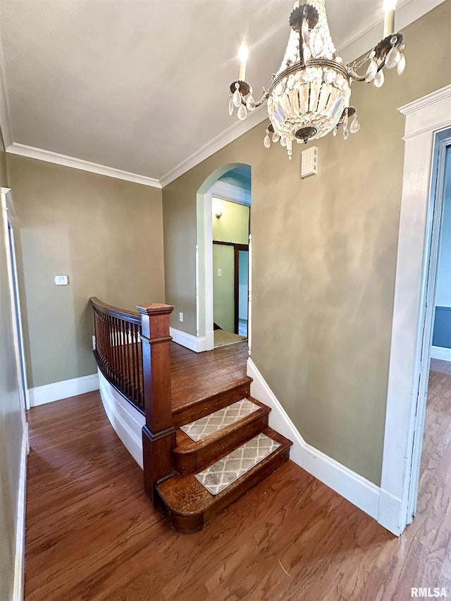 231 N Webster Ave, Jacksonville, IL 62650 - staircase with arched walkways, wood finished floors, ornamental molding, and a chandelier