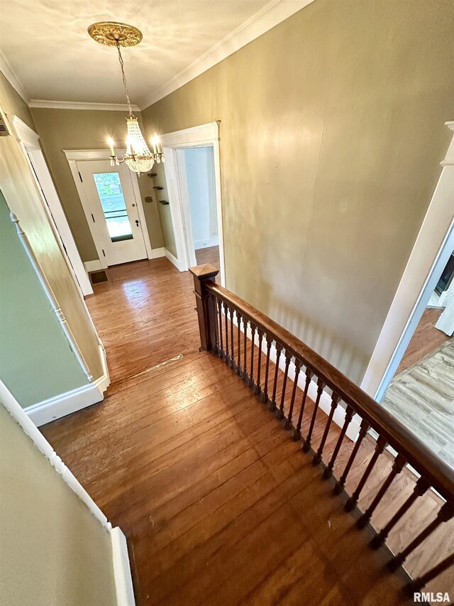 231 N Webster Ave, Jacksonville, IL 62650 - stairs featuring hardwood / wood-style floors, a chandelier, and ornamental molding