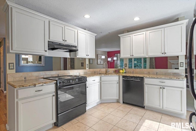 1009 Rickard Ct, Springfield, IL 62704 - kitchen with black appliances, under cabinet range hood, a textured ceiling, white cabinetry, and recessed lighting