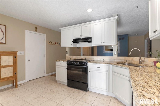 1009 Rickard Ct, Springfield, IL 62704 - kitchen featuring electric range, range hood, a textured ceiling, white cabinetry, and light tile patterned flooring