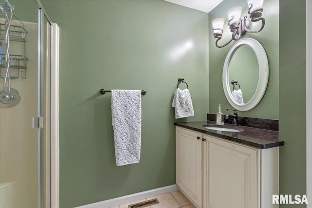 1009 Rickard Ct, Springfield, IL 62704 - bathroom with vanity, tile patterned floors, a shower with door, and a chandelier
