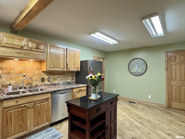 778 E Grove St, Galesburg, IL 61401 - kitchen with appliances with stainless steel finishes, light wood-style floors, backsplash, dark countertops, and beam ceiling