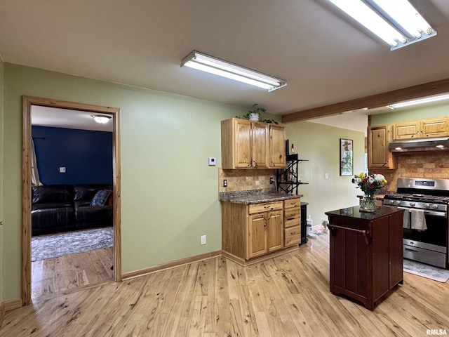 778 E Grove St, Galesburg, IL 61401 - kitchen with stainless steel range with gas stovetop, under cabinet range hood, decorative backsplash, light wood finished floors, and a kitchen island