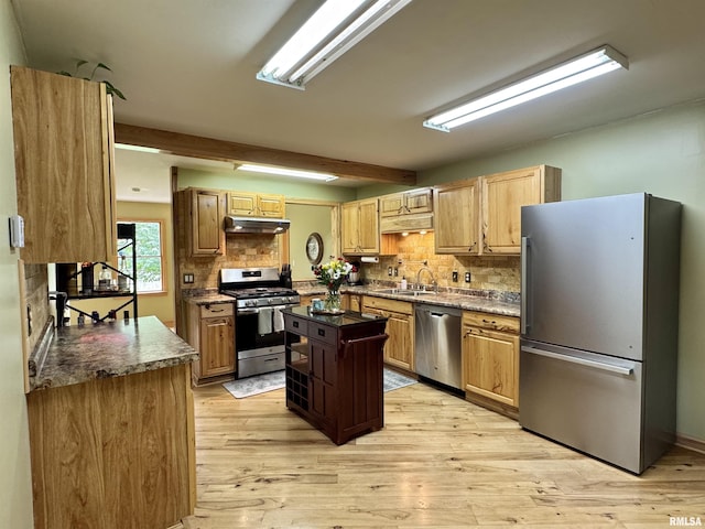 778 E Grove St, Galesburg, IL 61401 - kitchen with stainless steel appliances, under cabinet range hood, tasteful backsplash, light wood finished floors, and beam ceiling