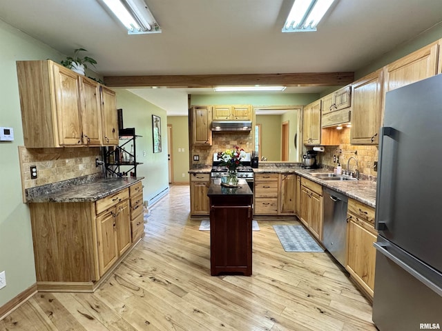 778 E Grove St, Galesburg, IL 61401 - kitchen featuring stainless steel appliances, under cabinet range hood, decorative backsplash, beam ceiling, and light wood-type flooring