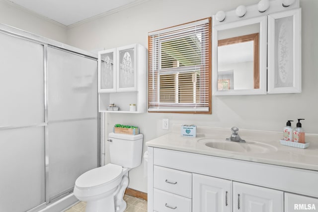 321 N 5th St, Petersburg, IL 62675 - bathroom with vanity, a stall shower, and ornamental molding