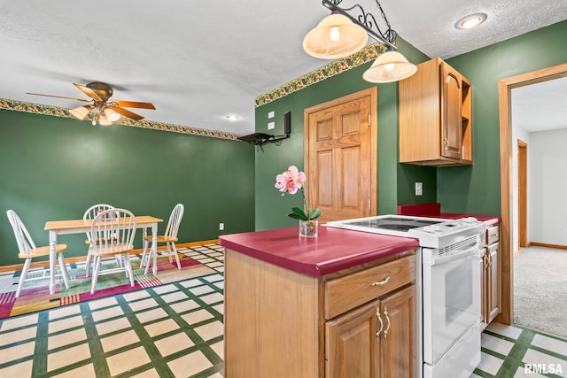 321 N 5th St, Petersburg, IL 62675 - kitchen featuring white electric range, light floors, dark countertops, a ceiling fan, and a textured ceiling