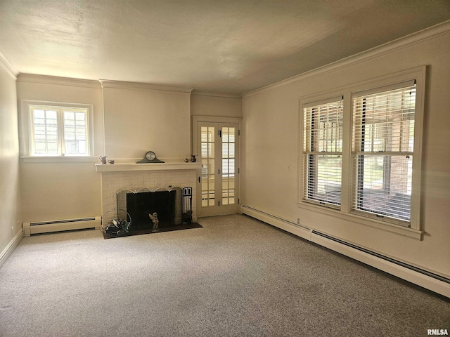 1155 N Cherry St, Galesburg, IL 61401 - unfurnished living room with baseboard heating, a baseboard radiator, ornamental molding, carpet, and a fireplace