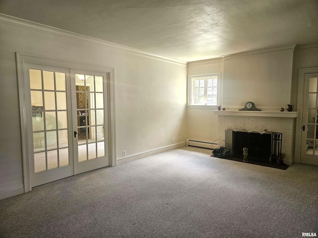 1155 N Cherry St, Galesburg, IL 61401 - unfurnished living room with ornamental molding, a brick fireplace, baseboard heating, carpet flooring, and french doors