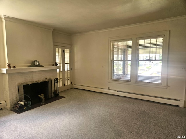 1155 N Cherry St, Galesburg, IL 61401 - unfurnished living room featuring carpet, a baseboard heating unit, crown molding, and a fireplace