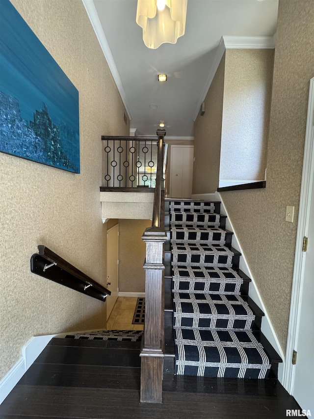 6 Ottawa Trl, Galesburg, IL 61401 - stairs featuring crown molding, a textured wall, and wood finished floors