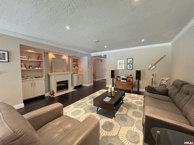 6 Ottawa Trl, Galesburg, IL 61401 - living room featuring ornamental molding, a textured ceiling, a fireplace with flush hearth, recessed lighting, and dark wood-type flooring