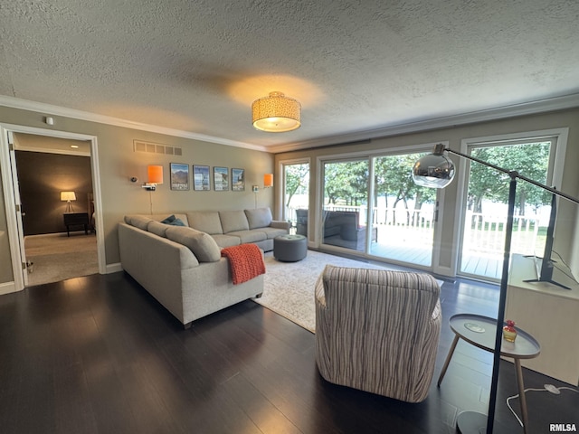 6 Ottawa Trl, Galesburg, IL 61401 - living room featuring crown molding, dark wood finished floors, and a textured ceiling