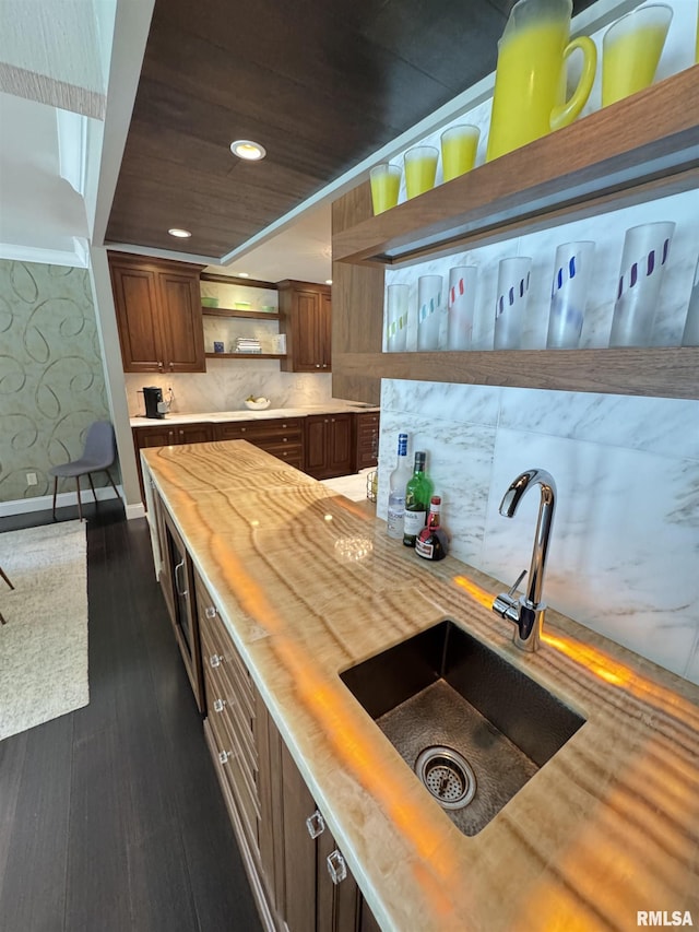 6 Ottawa Trl, Galesburg, IL 61401 - kitchen with open shelves, tasteful backsplash, dark wood finished floors, wood ceiling, and light stone countertops