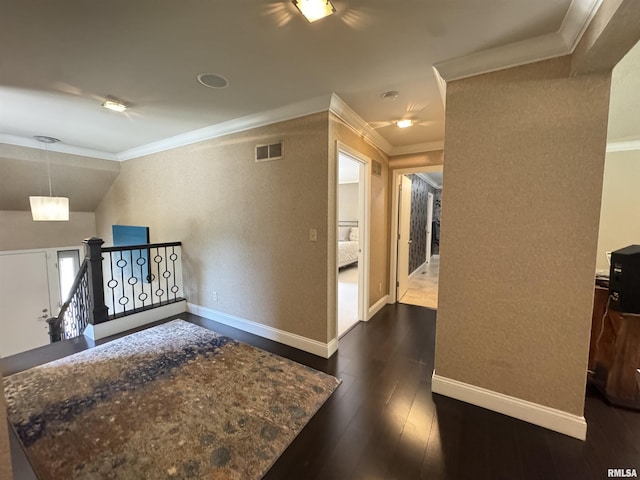 6 Ottawa Trl, Galesburg, IL 61401 - hallway featuring ornamental molding, an upstairs landing, and dark wood finished floors