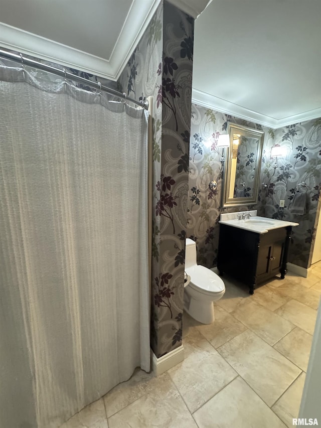 6 Ottawa Trl, Galesburg, IL 61401 - bathroom with crown molding, wallpapered walls, vanity, and a shower with shower curtain