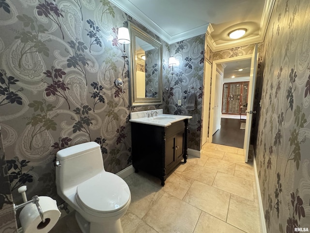 6 Ottawa Trl, Galesburg, IL 61401 - bathroom with wallpapered walls, vanity, crown molding, and stone finish floors