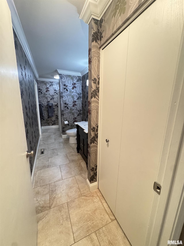 6 Ottawa Trl, Galesburg, IL 61401 - full bathroom with wallpapered walls, ornamental molding, vanity, and a shower