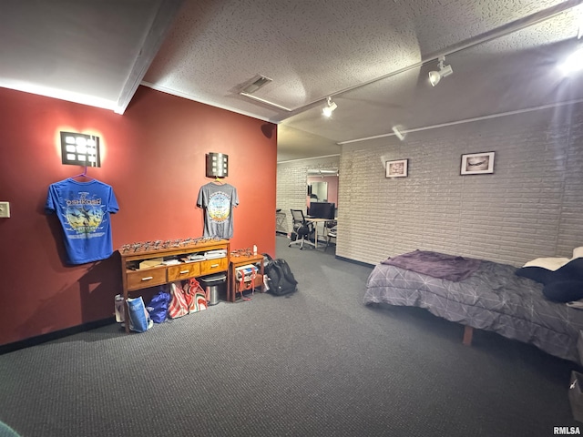 6 Ottawa Trl, Galesburg, IL 61401 - recreation room featuring rail lighting, carpet flooring, brick wall, a textured ceiling, and attic access