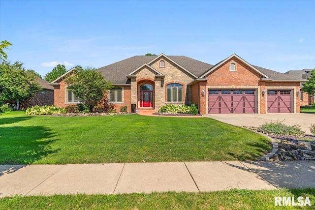 4408 Foxhall Ln, Springfield, IL 62711 - view of front of property with brick siding, a front lawn, an attached garage, concrete driveway, and roof with shingles