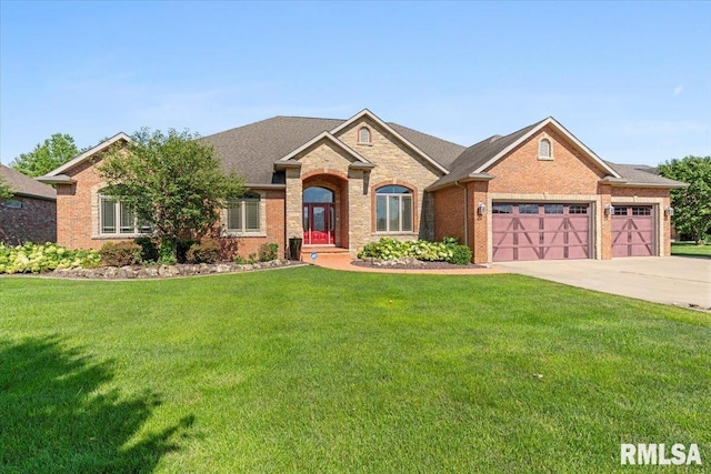 4408 Foxhall Ln, Springfield, IL 62711 - view of front of property featuring brick siding, an attached garage, driveway, a front yard, and roof with shingles