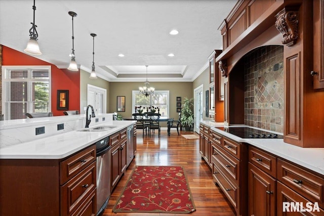 4408 Foxhall Ln, Springfield, IL 62711 - kitchen with black electric stovetop, ornamental molding, a chandelier, dark wood-style flooring, and a tray ceiling