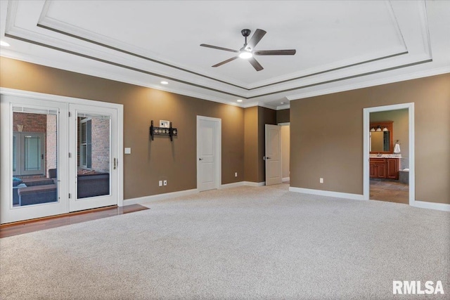 4408 Foxhall Ln, Springfield, IL 62711 - unfurnished bedroom featuring a raised ceiling, access to exterior, light colored carpet, recessed lighting, and crown molding